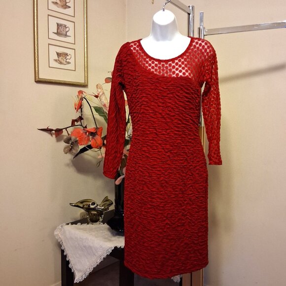 NWT Simon Chang Long Sleeve Scoop Neck Red Lined Midi Dress Size 8 - Picture 2 of 8